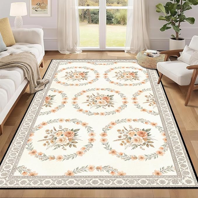4'x6' Boho Floral Area Rug Vintage Peach Rose Carpet Non-Slip Washable Floor Mat Neutral Aesthetic Botanical Rug for Bedroom Living Room Nursery Kitchen Playroom Home Decor