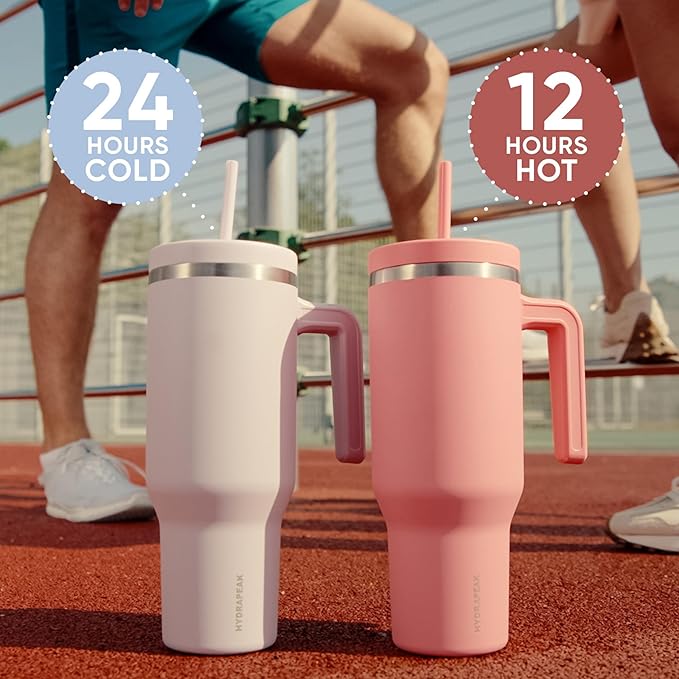 Hydrapeak Voyager 40 Oz Stainless Steel Tumbler with Handle, Insulated Water Bottle With Straw & Lid, Cupholder Friendly Reusable Travel Mug (Apricot Crush)