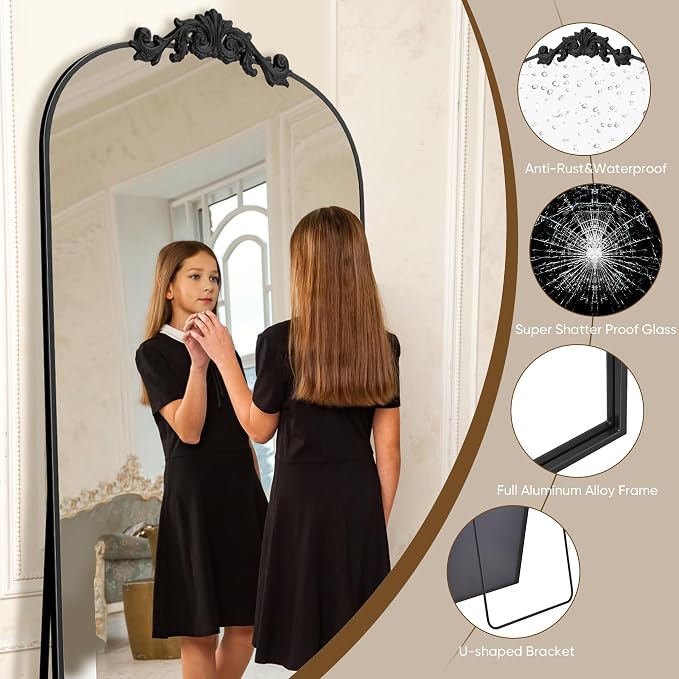 Antok Arched Full Length Mirror, 72"x44" Floor Mirror with Carved, Full Body Mirrors for HomeDecor, Standing/Halling Large Wall Mirror for Bedroom, Living Room, Cloakroom, Black, Retro Style