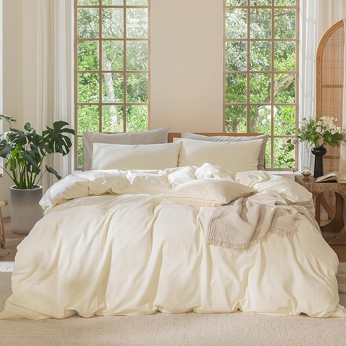 MooMee Bedding Duvet Cover Set 100% Washed Cotton Linen Like Textured Breathable Durable Soft Comfy (Solid Cream White, Queen 90"x90")