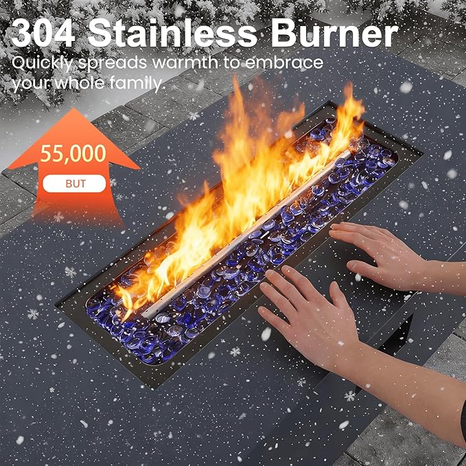 Aeeiua 42" Propane Fire Pit Table Set with Tank Holder, Rectangle 2-Piece Outdoor Firepit Wind Guard, Lid, Glass Stones and Cover