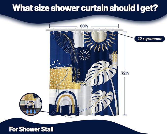 Blue and White Mid Century Modern Shower Curtain Bohemian Abstract Navy Blue and Gold Shower Curtains for Bathroom Decor Sets, Waterproof Cloth Fabric with Hooks, 60x72 Inch