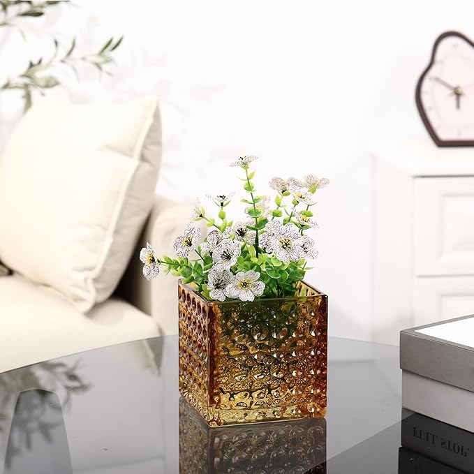 MARTAGE Square Vases Set of 6, 4" x 4" x 4" Square Glass Vases for Flowers, Amber Flower Vase for Centerpieces, Small Bubble Vase for Wedding, Party, Home, Office, Parties, Events