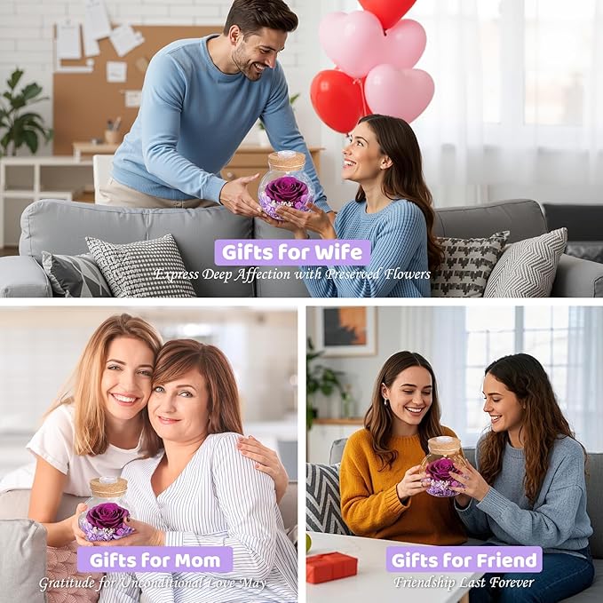 Christmas Birthday Gifts for Women Mom Preserved Purple Rose Eternal Forever Flower in Glass Wishing Bottle with LED Light Flowers for Delivery Prime for Grandma Wife Sister Friend from Daughter