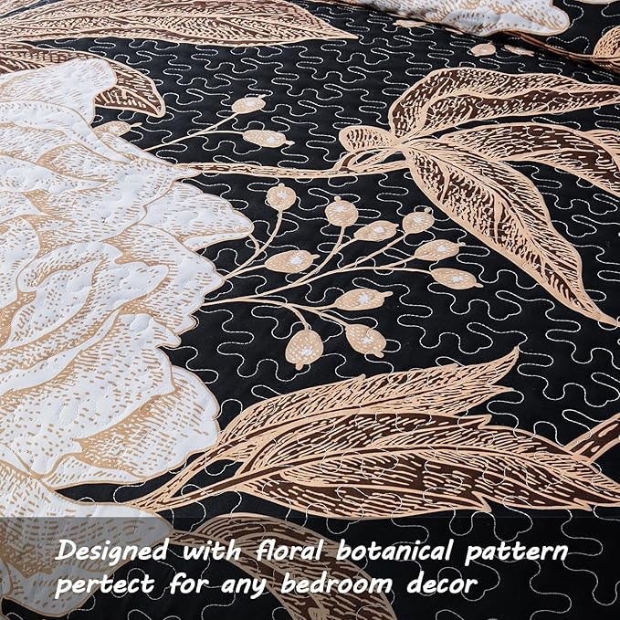 Yogeneg King Size Quilt Set,White Gold Floral Botanical Pattern Black Bedding Set,3 Piece Lightweight Soft Summer Bedspread Coverlet with 2 PIillow Sham for All Season(Black Floral,110"x96")