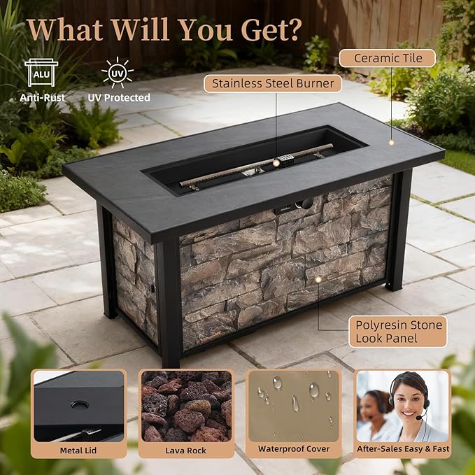 48'' Propane Fire Pit Table, 50000 BTU Outdoor Gas Fire Pit, with Stone Panel, Ceramic Tabletop & Aluminum-Coated Steel Tube Legs, Lava Rocks, Metal Lid and Rain Cover for Outside Patio