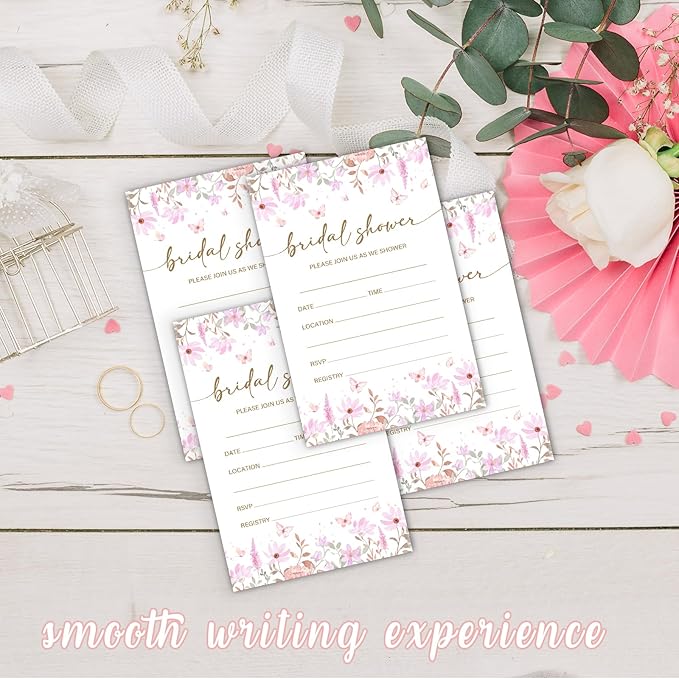 Pink Floral Bridal Shower Invitations, Spring Butterflies Invites with Envelopes, 4x6 Invite Card for Wedding Shower, Newlyweds, Party Favor & Decorations-A02