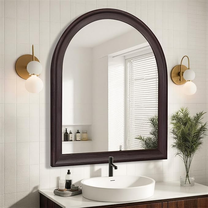 30x36 Inch Arched Wall Mirror, Rustic Black Walnut Arch Wall Mount Bathroom Mirrors with Tempered Glass for Entryway Bedroom Bathroom Living Room Farmhouse Boho Home Decor