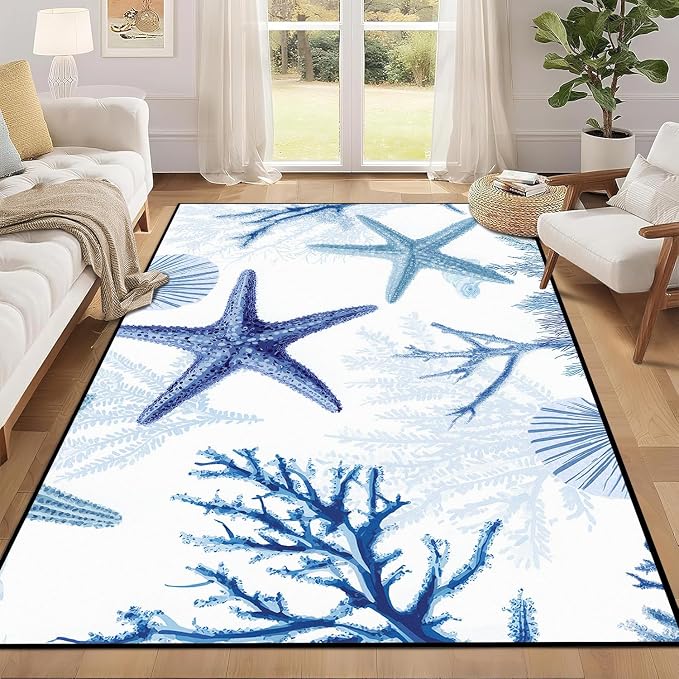 Coastal Starfish Rug 4'x6' Blue Ocean Area Rug Coral Seashell Floor Mat Washable Low Pile Carpet for Bedroom Living Room Kitchen Nursery Playroom Home Decor