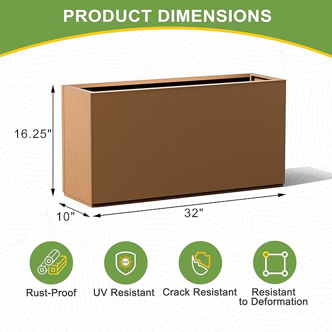 Metal Planter Box Rectangular Planter Box with Drainage Hole, Outdoor Large Planters, All-Weather Use, Rust-Resistance, for Flowers Plants, 32" L × 10" W × 16.3" H, Brown