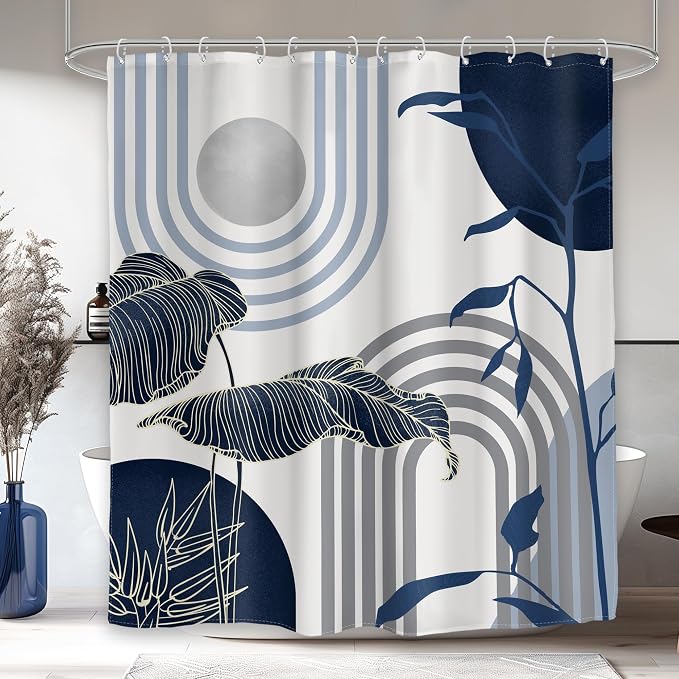 Glawry Mid Century Abstract Shower Curtain Blue Grey Boho Palm Tree Leaf Sun Arch Minimalist Geometric Bathroom Modern Aesthetic 60Wx72L Inches Bath Accessories Art Home Decor Fabric 12 Pack Hook