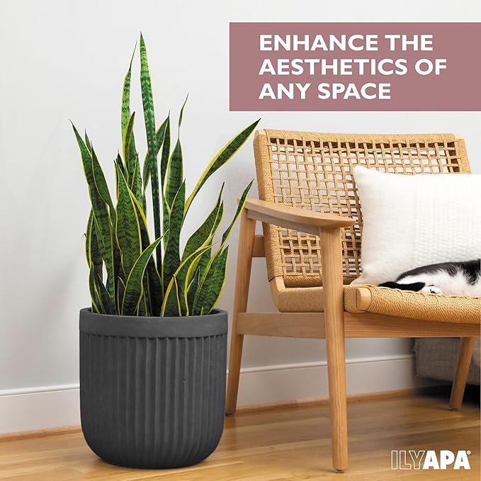 Ilyapa 14 Inch Large Fluted Modern Concrete Planter - 14x14 Inch Indoor Plant Pots with Drainage - Large Black Planters for Indoor/Outdoor Use