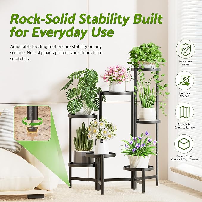 7 Tier Large Tiered Plant Stand Indoor, 7.9 Inch Wide Tall Corner Metal Plant Stands Outdoor for Multiple Plants, Decoration Flodable Tall Flower Display Holder Rack Shelf for Patio Balcony House