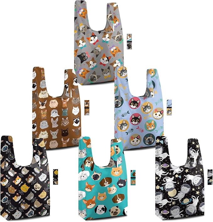 BeeGreen Cat Reusable Grocery Bags 6 Pack - Foldable, Heavy Duty Shopping Tote Bags with Zipper Pouch, Large Capacity (50+ Lbs), Animal Prints Designs for Women & Men, Machine Washable