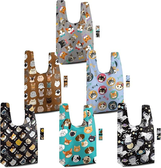 BeeGreen Cat Reusable Grocery Bags 6 Pack - Foldable, Heavy Duty Shopping Tote Bags with Zipper Pouch, Large Capacity (50+ Lbs), Animal Prints Designs for Women & Men, Machine Washable
