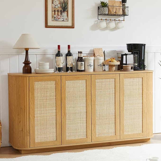 64" Sideboard Buffet Rattan Cabinet, Modern Fluted Credenza with Adjustable Shelves, Wooden Storage Cabinet TV Stand for Living Room Kitchen Dining Room Hallway, Natural