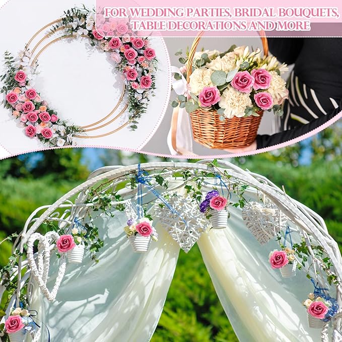 Jexine 50 Pcs Artificial Rose Flower Bulk Realistic Silk Fake Roses with Long Stem Plastic Artificial Flower Bouquet Real Looking for Home Wedding Centerpieces Party Decoration(Dark Pink Champagne)
