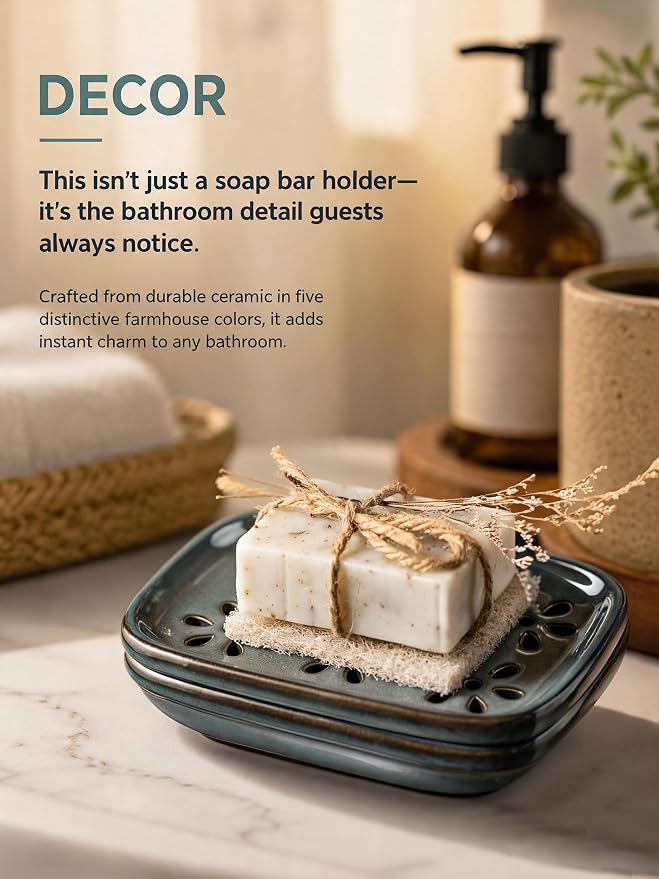 Miamolo Ceramic Soap Dish for Shower, Bar Soap Holder with 2 Layer Draining Soap Tray for Bathroom Sink Tub and Kitchen, Water Collection Tray Mess-Free Soap Dishes Container Saver, Gray Blue
