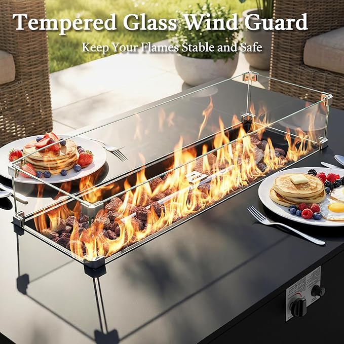 Belord 42 Inch Outdoor Propane Fire Pit - 50,000 BTU Iron Rectangular Fire Pit Table with Hidden Tank Table, CSA Certifed, Lid & Guard Glass, 2 in 1 Outdoor Gas Fireplace for Patio Deck, Black