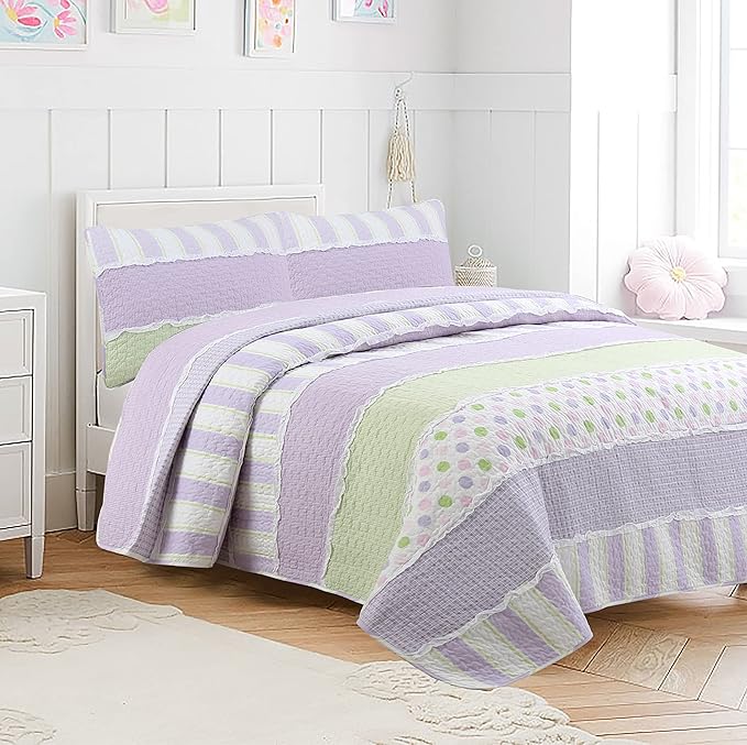 Cozy Line Home Fashions Lavender Green Stripe Dots Girl 100% Cotton Reversible Quilt Bedding Set, All-Season Coverlet Bedspread (Purple Dots, Twin - 2 Piece)
