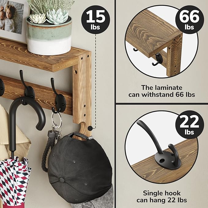 AMBIRD Coat Rack Wall Mounted with Shelf, Coat Hooks Wall Mounted, Wall Hooks for Hanging in Entryway, Living Room, Bathroom, Bedroom (Brown)