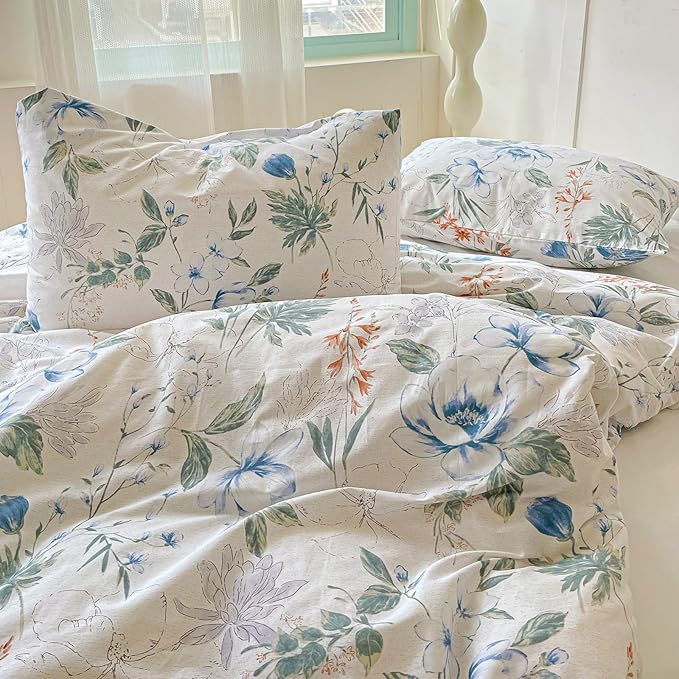 EAVD Vintage Style Botanical Floral Duvet Cover Twin Soft Cotton Chic Shabby Garden Colorful Floral Bedding Set with 2 Pillowcases Fresh Spring Botanical Duvet Cover with Zipper Closure