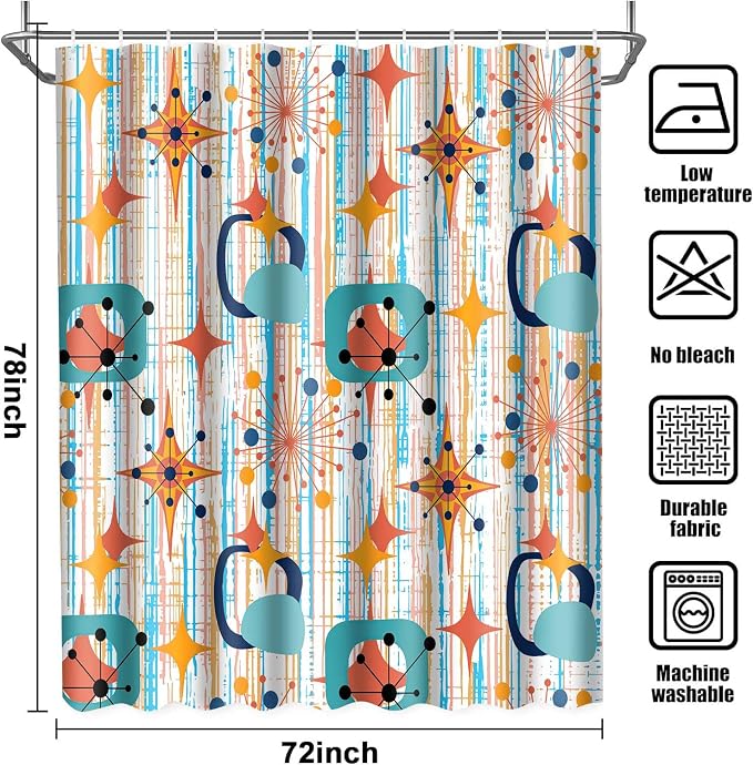 Mid Century Shower Curtain, 72x78inch, Modern Abstract Retro Colorful Striped Geometric Shower Curtain Sets 1950s Boho Bathroom Shower Curtain with 12 Hooks