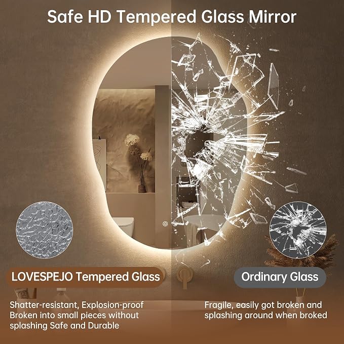 LOVESPEJO Irregular Backlit Mirror Bathroom 25x35 Inch, Asymmetrical LED Bathroom Mirror with Lights, Fogless, Dimmable, 3 Color Changing, Horizontal/Vertical