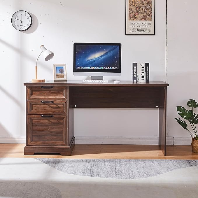 60" Farmhouse Executive Desk with Charging Station,Home Office Desk with 2 Drawers &1 File Cabinet,Wood Work Desk for Office and Home (Brown)