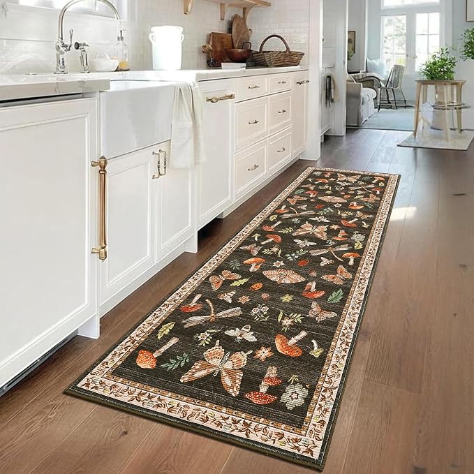 Washable 2x6 Vintage Runners for Hallway Entryway Retro Distressed Kitchen Carpet Runner Low Pile Soft Bedside Boho Carpet Non Slip Bath Rug Mushroom Floral Accent Carpets, Brown