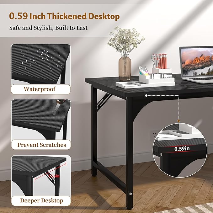55inch Computer Desk with Deeper Carbon Fiber Desktop, Gaming Office Desk with Sturdy Metal Frame,Home Office Desk for Gaming, Working, Studying, Black
