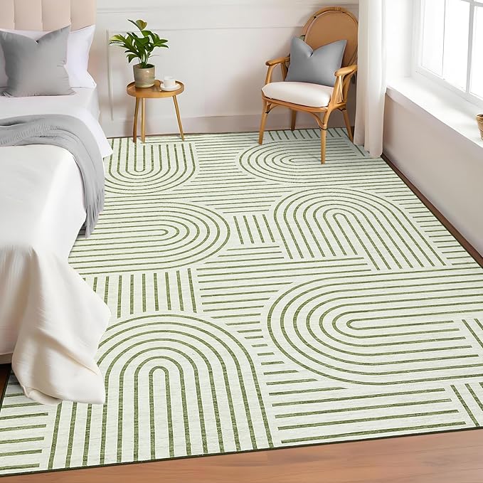 Washable 5x7 Abstract Line Area Rugs for Living Room Low Pile Modern Line Green Rug Soft Bedroom Small Rugs Non Shedding Contemporary Neutral Indoor Accent Carpet for Nursery Office, Green