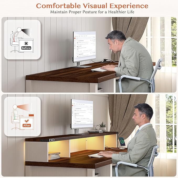 EnHomee Computer Desk with Drawers,23" D Home Office Desk with Storage,Wooden Desk with Monitor Stand,Farmhouse Desk with Printer Space and Power Outlets for Studio,Work, Study,Writing&Gaming,White