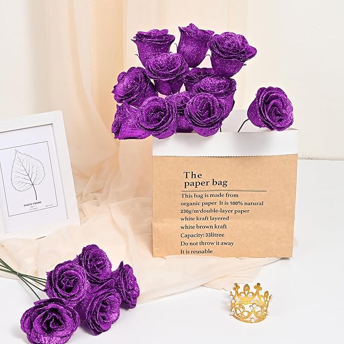 36+20 Glitter Roses Bouquet, DIY Fake Flowers Bouquet, Craft the Initials of Your Loves' Name with Artificial Rose for Valentines, Anniversary, Wedding, Mothers Day Gifts, Purple & White