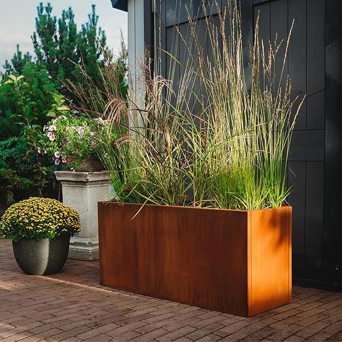 Corten Steel Corner Metal Planter Box L36 x W12 x D16 Rusted Garden Steel Planter Pot for Patio Modern Farmhouse Rustic Design (L36 x W12 x D16, Rusted)