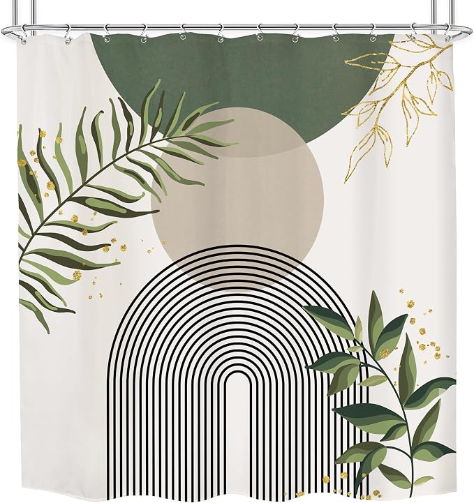 Green Boho Mid Century Shower Curtain 72Wx72H Abstract Gold Leaves Grey Modern Sun Arch Minimalist Geometric Aesthetic Plant Bathroom Decor Neutral Bath Curtain Polyester 12 Pack Hooks