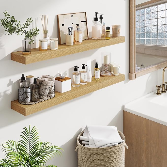 Fun Memories 40 Inch Floating Shelves, Long Wood Wall Shelf Set of 2 with Invisible Brackets, for Bathroom, Living Room, Bedroom, Kitchen, Oak