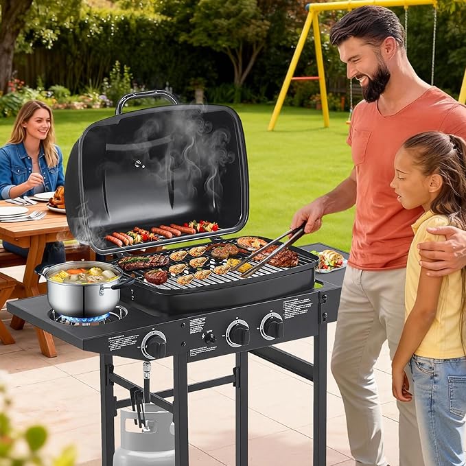 Lyromix 2 Burner Gas Grill with Side Burner, BBQ Propane Gas Grill With Porcelain-Enameled Cast Iron Grates and Bottle Opener, Stainless Steel Grill for Outdoor Cooking, Patios, Backyards, 23800BTU