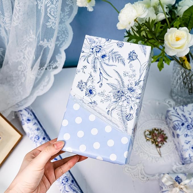 Yarcony Blue Floral Wrapping Paper Roll, Blue and White Wrapping Paper, Elegant Vintage Toile Flower Garden Gift Wrap for Upscale Gifts, Wedding, Birthday, Baby Shower, Mother's Day (17 In X 16.5 Ft)