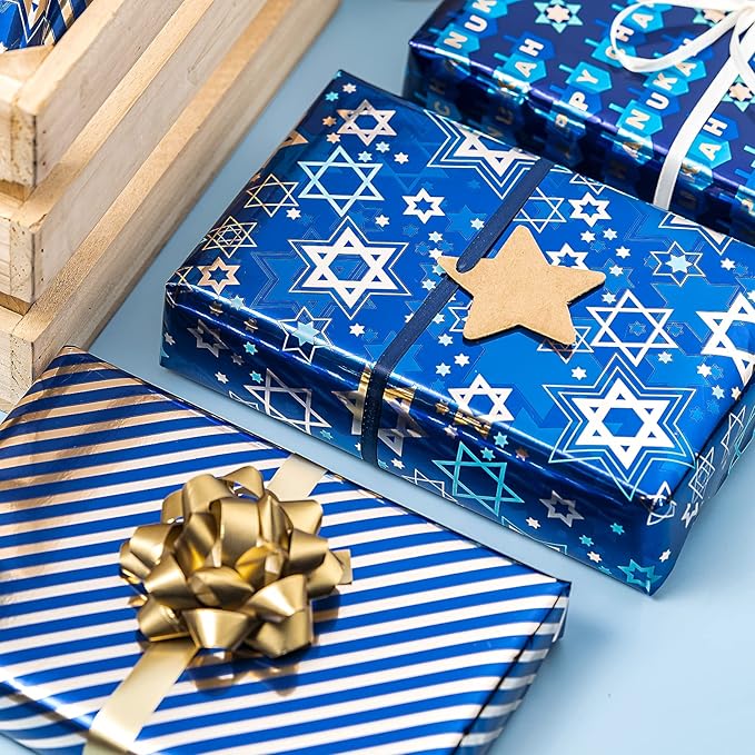 MAYPLUSS Wrapping Paper Roll - Mini Roll 17in *120in Per roll 3 Rolls Gift Wrapping Paper Hanukkah Design,Menorahs, Star of David, Letter Hanukkah for Chanukah Celebration (42.3 sq.ft.ttl)