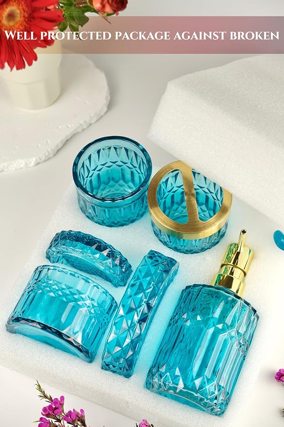 LaMarriti Teal Blue Bathroom Accessories Set, 5Pcs Clear Glass Bathroom Set, Hand Soap Dispenser Set, Soap Dish, Toothbrush Holder, Tumbler, Q-Tips Holder for Crystal Vantage Bathroom Decor