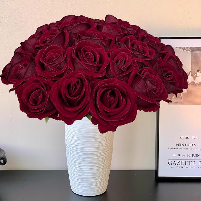 FagusHome 30 Pcs Silk Rose Artificial Flowers Roses Bulk Bouquet Fake Flowers Rose Heads with Stems for Home Wedding Decor (Dark Red)