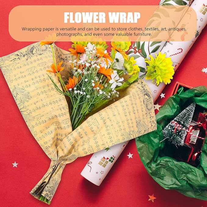WRITWAA 20 Sheets Vintage Floral Wrapping Paper Bouquet Wraps with Musical Note Pattern Breathable Lightweight Kraft Paper for Wedding Packaging DIY Crafts Flower Decorations