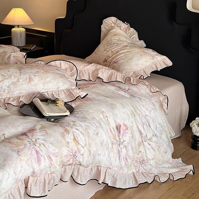 HighBuy Pink Floral Linen Duvet Cover Twin XL,Ruffle Floral Bedding Set for Girl College,Muslin Yarn-Dyed Comforter Cover with Zipper for Hot Sleepers,Breathable & Fade-Resistant All Season
