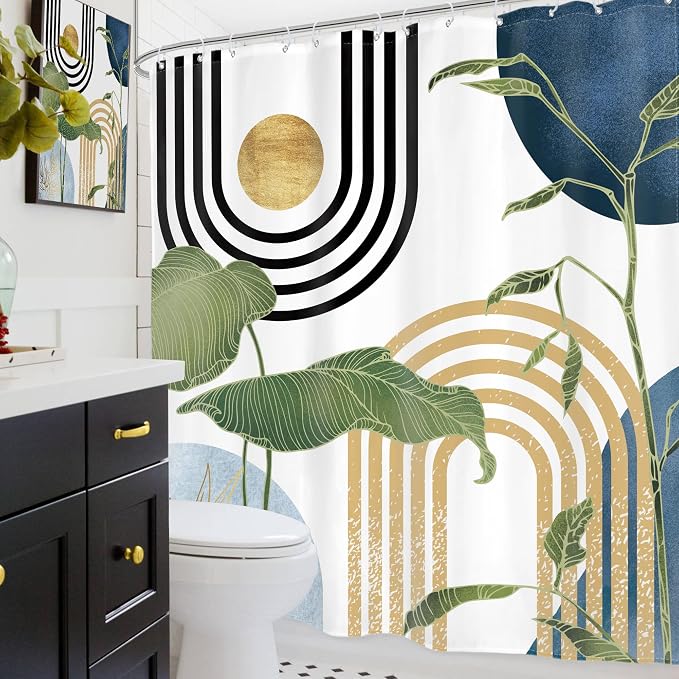 Glawry Navy Blue Boho Shower Curtain Mid Century Abstract Light Blue Tropical Palm Botany Sun Arch Plant Minimalist Bathroom Modern 72Wx72L Inches Bath Accessories Art Home Decor Fabric 12 Pack Hook