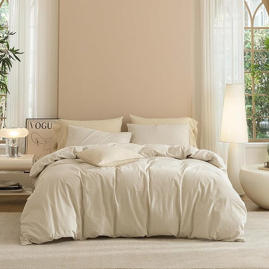 JIYUAN 100% Washed Cotton Striped Duvet Cover Set 3 Pieces King, 1 Duvet Cover and 2 Pillowcases(Comforter Not Included),Linen Like Bedding Set Comfy and Breathable,Pinstripes-Heathered Beige White
