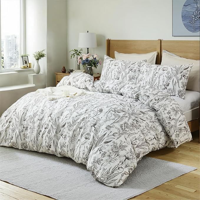 100% Cotton Duvet Cover King Size – Vintage Botanical Sketch Elegant Taupe Floral Duvet Cover Set with Zipper Closure, 3-Piece Soft Breathable Natural Premium Cotton Bedding Set