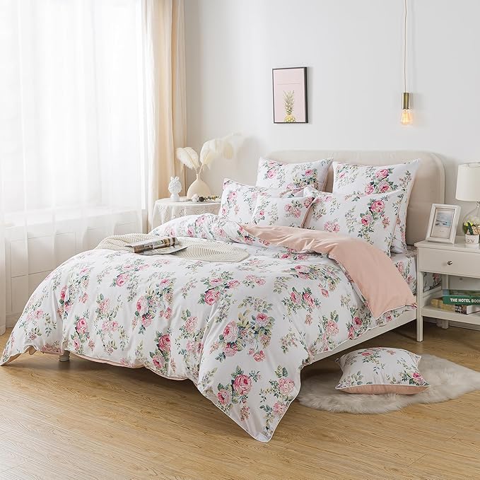 FADFAY Duvet Cover Set Pink Rose Floral Bedding Shabby Peony Flower Quilt Cover Set Vintage Farmhouse Bedding 100% Cotton Soft Comforter Cover Set with Zipper Closure 3Pcs, King/California King Size