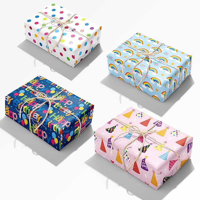 Birthday Wrapping Paper Sheet - 8 Sheets Folded Flat Gift Wrap with Colorful Hat, “Happy Birthday” Lettering, Rainbow with Clouds, Polka Dots for Party, Baby Shower - 20 X 28 Inch Per Sheet