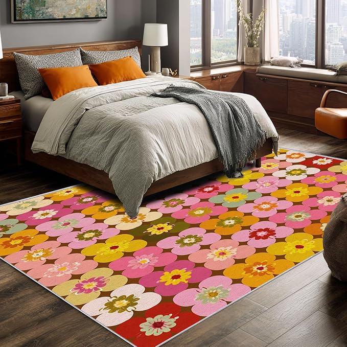 70s Floral Rugs 6x8, Retro Colorful Groovy Washable 6 x 8 Area Rug for Living Room, Bedroom, Low Pile Non Slip Stain Resistant Carpet, 70s Retro Home Decor Accessories & M845